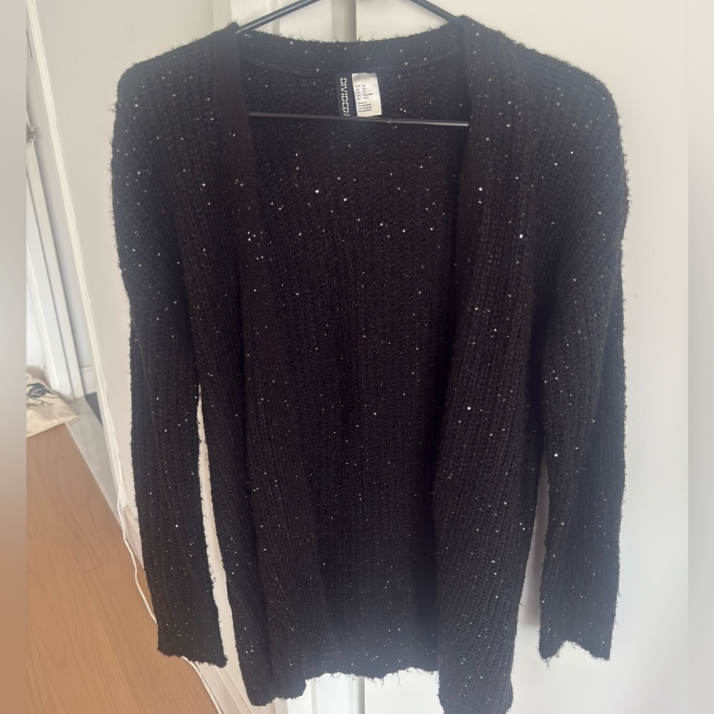 H&M Holiday cardigan sweater xs oversized black and silver Metallic Love